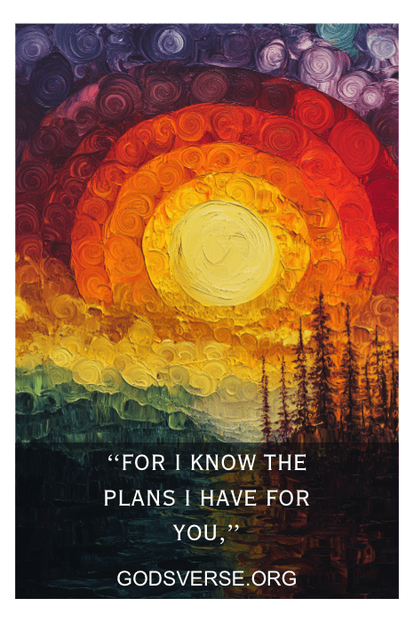 Pintura colorida do pôr do sol com padrões em espiral, árvores e texto: "Pois eu conheço os planos que tenho para você", oferecendo consolo semelhante aos versículos bíblicos para desespero. GODSVERSE.ORG.