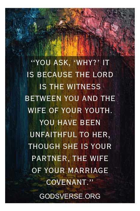 Texto em um fundo abstrato colorido sobre casamento, fidelidade e a sabedoria das citações bíblicas do godsverse.org.