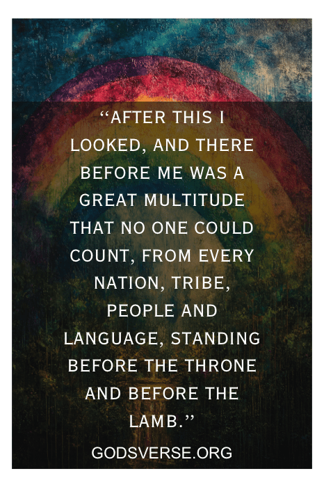 Text on a colorful background reads, “After this I looked, and there... before the Lamb.” Explore divine reflections with God and Country Quotes at Godsverse.org.