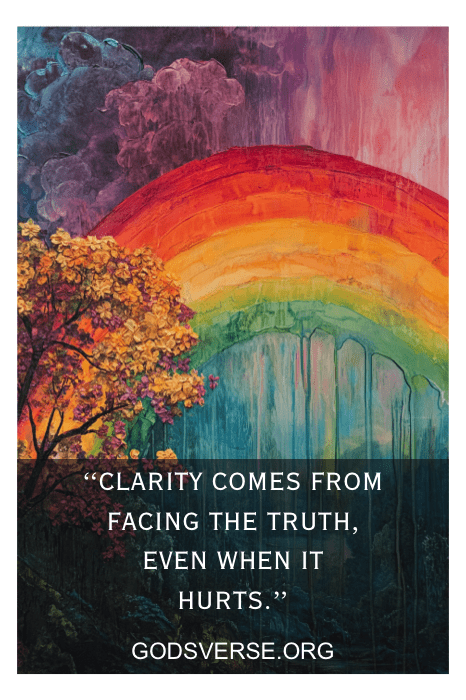 Colorida pintura de un arco iris sobre árboles con la cita "La claridad viene de enfrentarse a la verdad, incluso cuando duele", capturando la sabiduría a menudo buscada en las citas de hombres infieles.