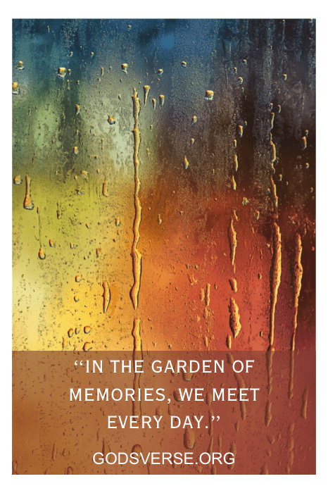Ventana mojada por la lluvia con fondo de color y texto: "En el jardín de los recuerdos, nos encontramos cada día. Las frases en memoria de los hijos nos recuerdan el amor perdurable.