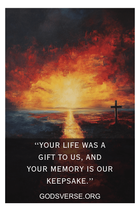 Una cruz junto a una ardiente puesta de sol con la cita: "Tu vida fue un regalo para nosotros, y tu recuerdo es nuestro recuerdo". Perfecta para frases conmemorativas para hijos.