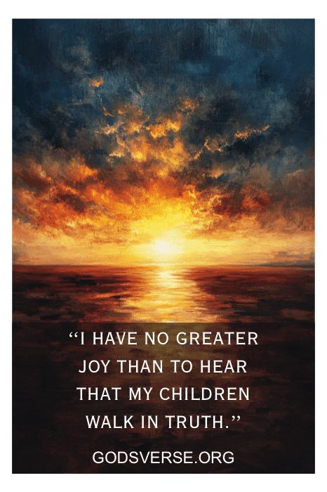Pôr do sol sobre o oceano com citação: "Não tenho maior alegria do que ouvir que meus filhos andam na verdade". Comemore o Dia dos Pais Cristãos com GODSVERSE.ORG.