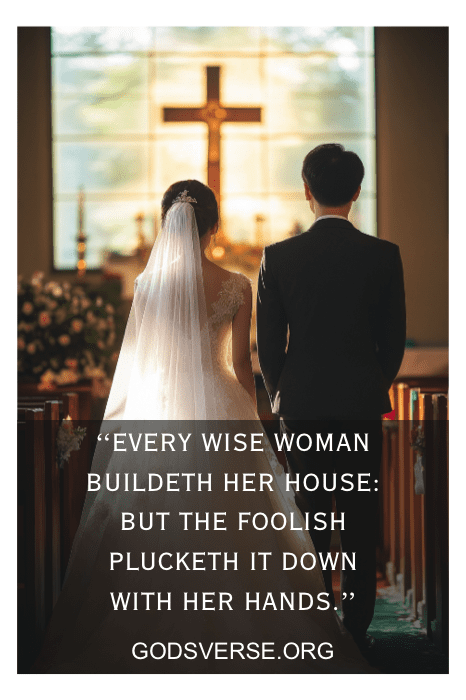 Los novios se encuentran en el altar de una iglesia, rodeados de amor. Un versículo de la Biblia sobre el amor y el matrimonio susurra en el aire, recordando a todos la presencia de la sabiduría en este momento sagrado.