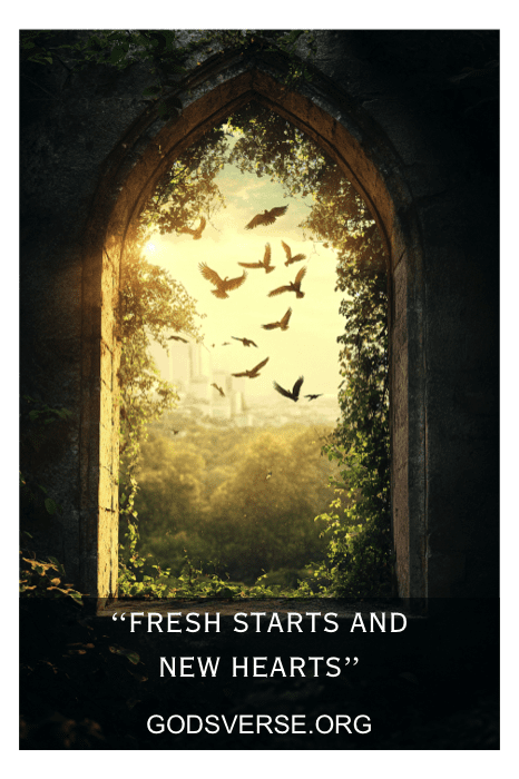Arco gótico emoldurando um nascer do sol com pássaros voando, o texto diz "Fresh Starts and New Hearts" (Novos começos e novos corações) e "GODSVERSE.ORG". Perfeito para aqueles que buscam inspiração nos dizeres das placas de igreja para a primavera, ele captura a essência da renovação de forma maravilhosa.