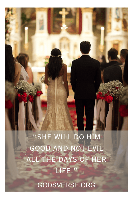 Los novios, de pie ante el altar, rodeados de invitados, con un versículo bíblico sobre el amor y el matrimonio extraído de la Biblia Reina Valera bellamente superpuesto sobre la imagen.
