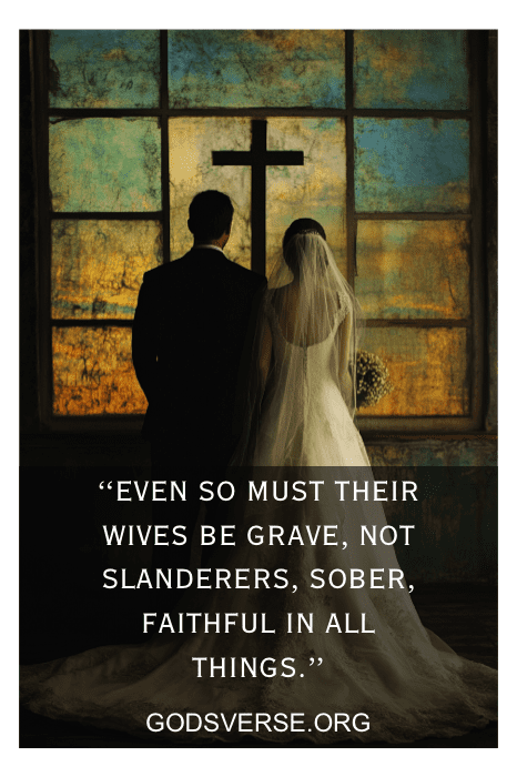 Una pareja de novios ante una vidriera adornada con una cruz y los eternos versículos bíblicos sobre el amor y el matrimonio de la KJV, reflexionando sobre el texto sagrado acerca de la fidelidad de las esposas.