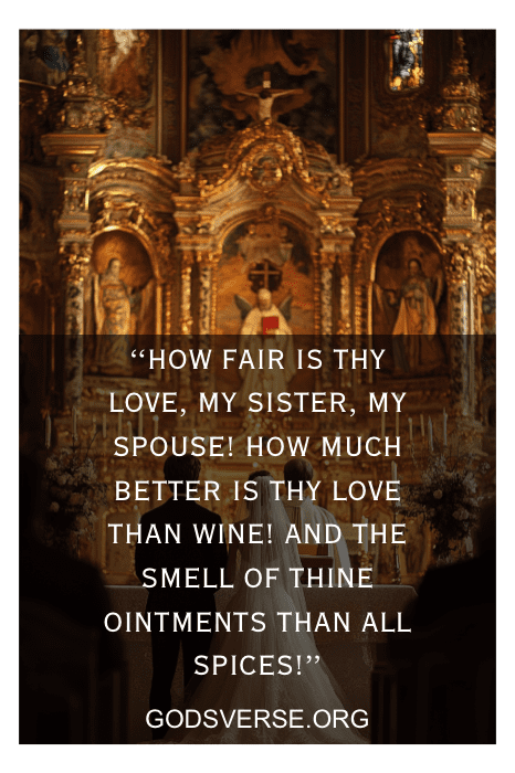 Un altar dorado adornado con imágenes religiosas adorna la iglesia, con una cita superpuesta que reza: "Qué hermoso es tu amor, hermana mía", haciendo eco de versículos bíblicos sobre el amor y el matrimonio extraídos de la Biblia King James.