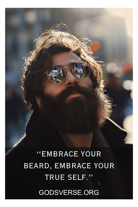 Hombre con barba poblada y gafas de sol, el texto dice: "Abraza tu barba, abraza tu verdadero yo". Encuentra inspiración en las citas de hombres con barba.