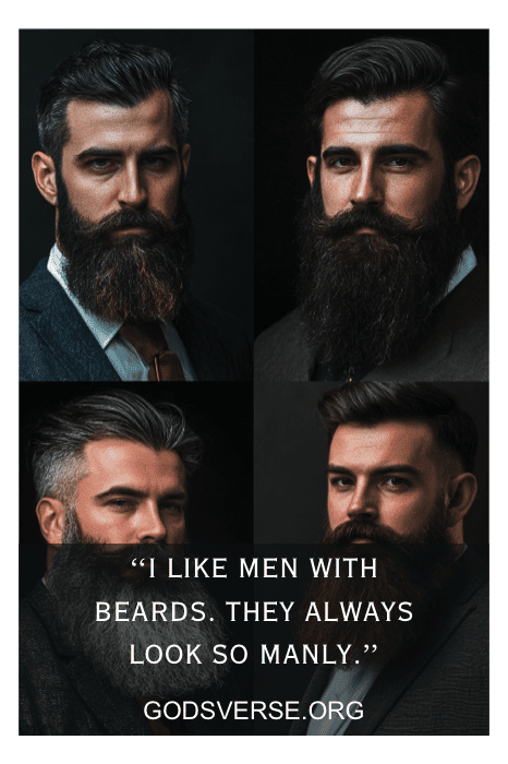 Cuatro hombres con barba y traje se levantan confiados, encarnando la esencia de la cita: "Me gustan los hombres con barba. Siempre parecen tan varoniles.