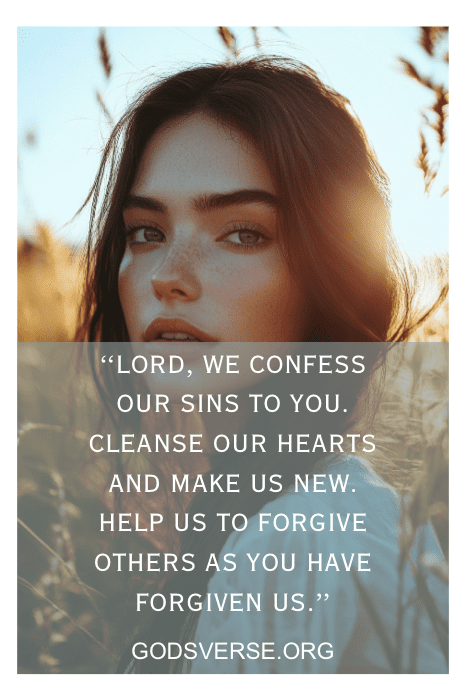 Uma mulher serena ao ar livre com sobreposição de texto: "Senhor, nós confessamos nossos pecados a você. Limpe nossos corações..." Orações dominicais para a Igreja.