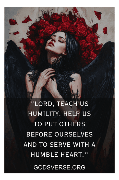 Uma mulher com asas pretas e rosas vermelhas, com as mãos entrelaçadas, com uma citação de oração de humildade e o texto "Sunday Prayers for Church" abaixo.