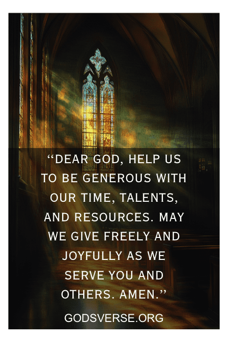 Um texto de oração sobreposto a um interior de igreja iluminado com vitrais. Texto: "Querido Deus, ajude-nos a ser generosos de espírito e bondosos de coração." Orações para Igrejas.