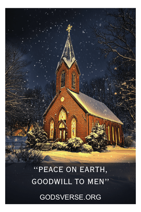 Uma cena noturna com neve apresenta uma igreja e árvores iluminadas, com a legenda "Paz na Terra, Boa Vontade para com os Homens". Esse quadro encantador incorpora a essência dos dizeres de sinais da igreja para o Natal, oferecendo um lembrete sereno da GODSVERSE.ORG.