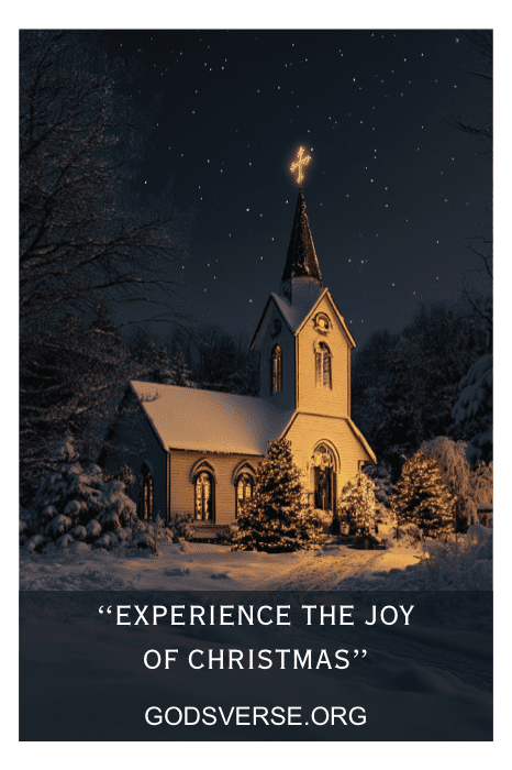 Uma igreja coberta de neve à noite, com suas luzes quentes brilhando nas árvores ao redor, apresenta os festivos Church Sign Sayings for Christmas.