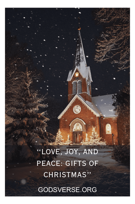 Em uma cena de igreja com neve, adornada com luzes e árvores de Natal, o campanário se destaca. Uma placa captura a essência: "Love, Joy, and Peace: Gifts of Christmas" (Amor, alegria e paz: presentes de Natal), ecoando as clássicas frases de Natal em placas de igreja.
