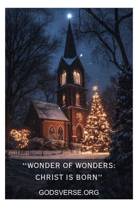 Uma igreja com neve à noite, com luzes de Natal e uma árvore iluminada, apresenta a mensagem "Wonder of Wonders: Christ is Born" (O Cristo nasceu), ecoando os dizeres atemporais de sinais de igreja para o Natal.