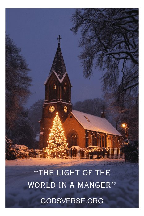 Uma igreja nevada ao anoitecer, com uma árvore de Natal brilhante, é um farol, com a mensagem: "A luz do mundo em uma manjedoura". Visite Godsverse.org para ver mais frases de Natal para a Igreja.
