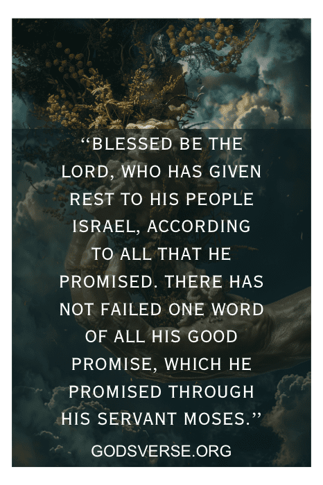 Uma cena celestial com uma árvore e o versículo bíblico 1 Reis 8:56 sobre a promessa de Deus a Israel, perfeito para quem está procurando versículos bíblicos para se sentir desanimado.