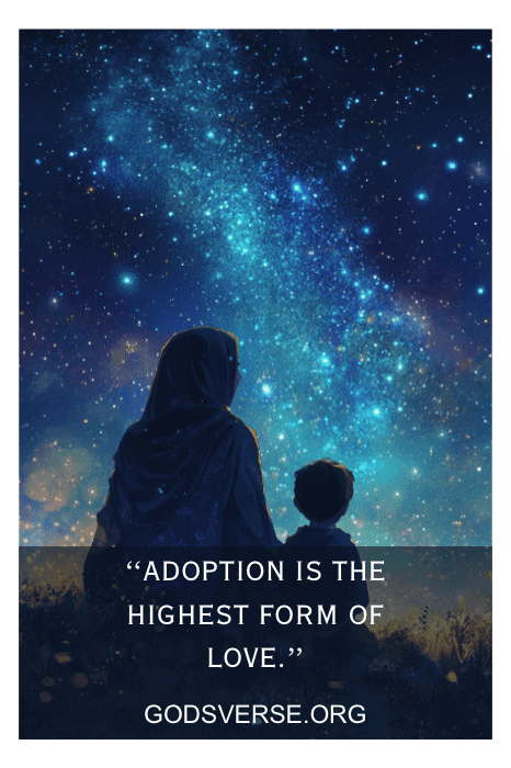 Figuras silueteadas bajo un cielo estrellado, junto a la cita "La adopción es la forma más elevada de amor", captan la esencia de las sentidas frases de adopción para hijos.