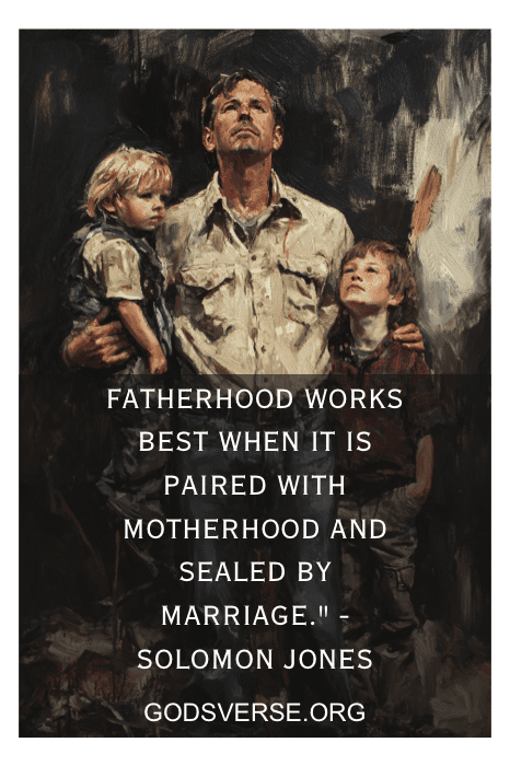 Un cuadro de un padre con dos hijos acompaƱado de una cita de padre orgulloso sobre la paternidad, de Solomon Jones en godsverse.org.