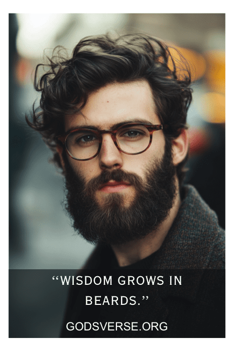 Un hombre barbudo con gafas y el pelo revuelto, con la leyenda "La sabidurÃa crece en la barba", encarna la esencia de las citas clásicas de los hombres barbudos.