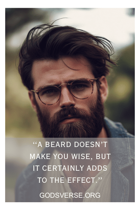 Hombre con barba y gafas, texto superpuesto que dice: "Una barba no te hace sabio, pero en el mundo de las citas de hombres con barba, sin duda contribuye al efecto".