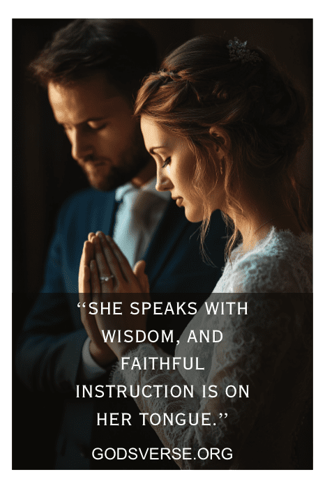 Una pareja rezando junta, inspirándose en "GODSVERSE.ORG" con una cita sobre sabiduría e instrucción, que refleja la esencia de las citas bíblicas sobre una esposa.