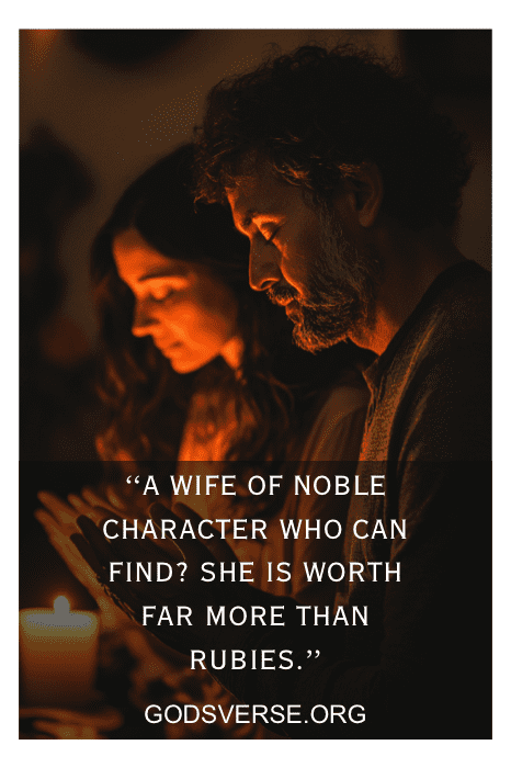 Um marido e uma esposa leem à luz de velas, refletindo sobre um versículo bíblico: "Uma esposa de caráter nobre... vale muito mais do que rubis.