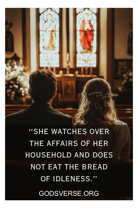 Una pareja está sentada en una iglesia, contemplando una vidriera adornada con una inspiradora cita bíblica sobre la esposa y sus virtudes.