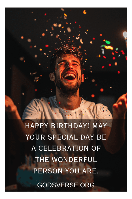 Homem sorrindo com confete caindo, comemorando um aniversário. Texto: "Feliz aniversário! Que seu dia seja alegre e cheio de risadas". Descubra mais citações de aniversário para homens para tornar o dia dele ainda mais especial.