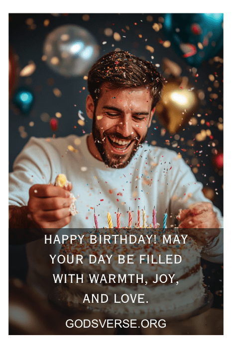 Homem sorrindo com um bolo de aniversário, cercado por balões e confetes. Uma mensagem de aniversário alegre sobreposta na parte inferior, inspirada em citações de aniversário sinceras para homens.