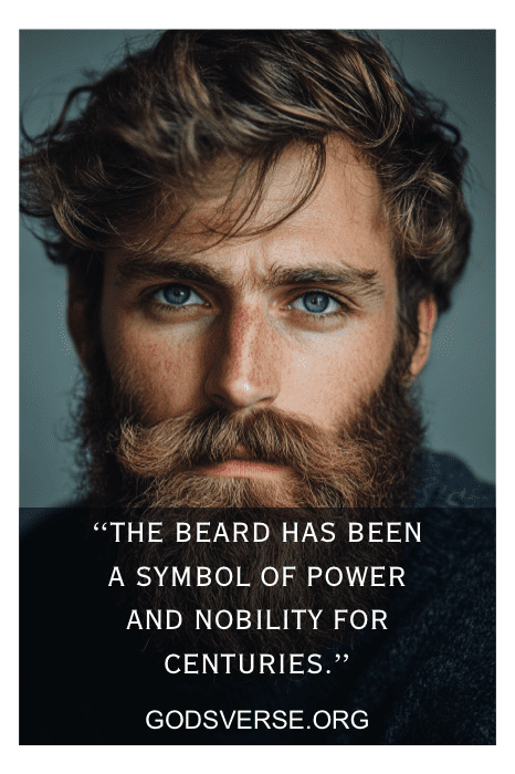 Primer plano de un hombre barbudo con texto: "Durante siglos, la barba ha sido un sÃmbolo de poder y nobleza, haciéndose eco de la sabidurÃa que se encuentra en las citas de hombres barbudos".
