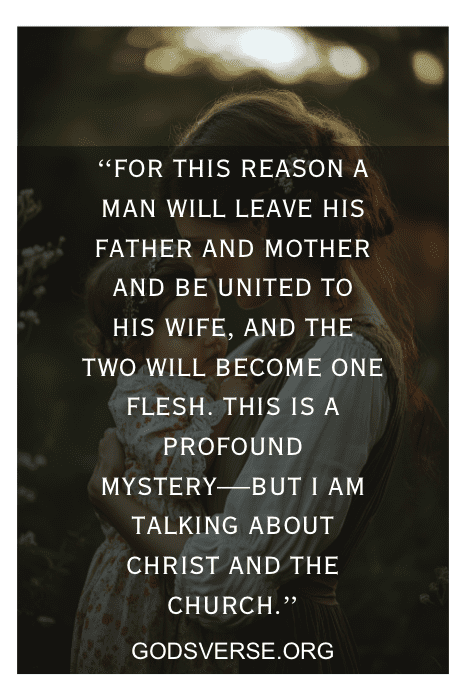 Una pareja se abraza tiernamente, con un versículo bíblico sobre la esposa de Efesios 5:31-32 que despliega la profunda unidad del matrimonio.