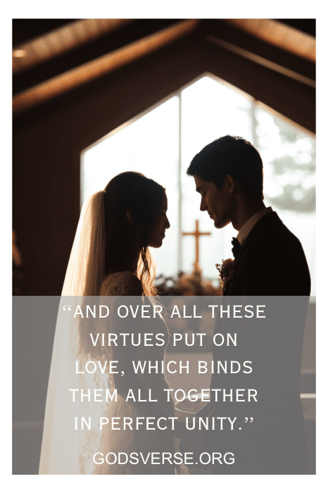 Silueta de novia y novio, cabezas tocándose tiernamente, con una sentida cita sobre el amor y la unidad de Godsverse.org-un complemento perfecto para Versos de San Valentín para el Esposo.