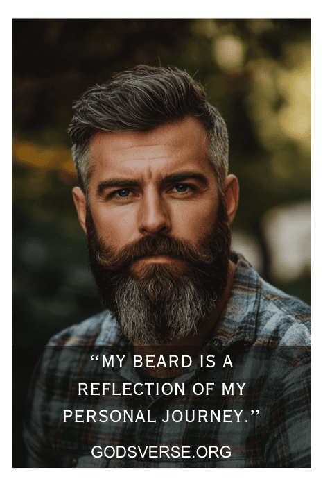 Hombre barbudo con camisa de cuadros y texto: "Mi barba es un reflejo de mi viaje personal. Es como si las citas de hombres con barba se hubieran escrito sólo para mÃ". God's Verse.org.