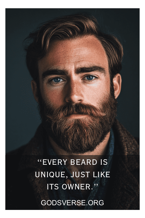 Hombre con barba poblada y una cita que invita a la reflexión sobre la singularidad de las barbas: "CADA BARBA ES ÚNICA, COMO SU PROPIETARIO", que capta a la perfección la esencia de las citas de hombres con barba.