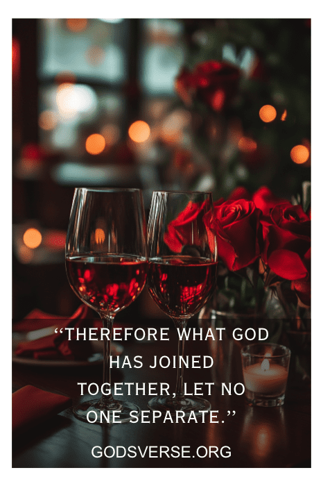 Dos copas de vino y rosas sobre una mesa con una vela; el texto dice "Lo que Dios ha unido, que no lo separe nadie". Un escenario perfecto para los versos de San Valentín para el marido.