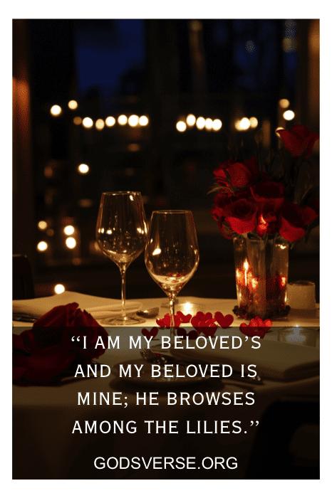 Una cena romántica te espera con copas de vino, rosas rojas y velas que proyectan un cálido resplandor. Unas formas de corazón dispersas realzan el ambiente, perfecto para compartir versos de San Valentín para el marido. Una sentida cita adorna la parte inferior, capturando la esencia del amor en una elegante letra.