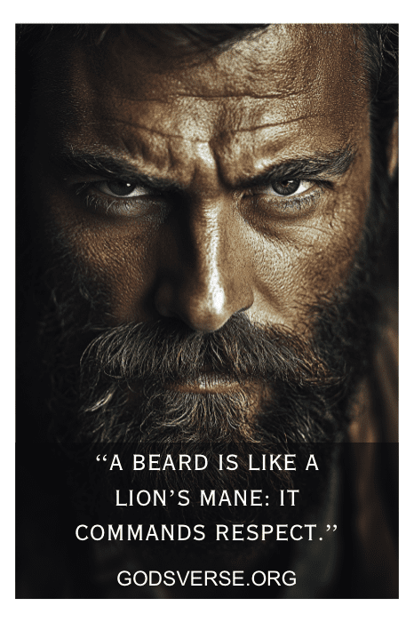 Primer plano de un hombre con barba y expresión seria. Texto: "Una barba es como la melena de un león: impone respeto". Para los que buscan frases de hombres con barba, esta capta perfectamente la esencia.