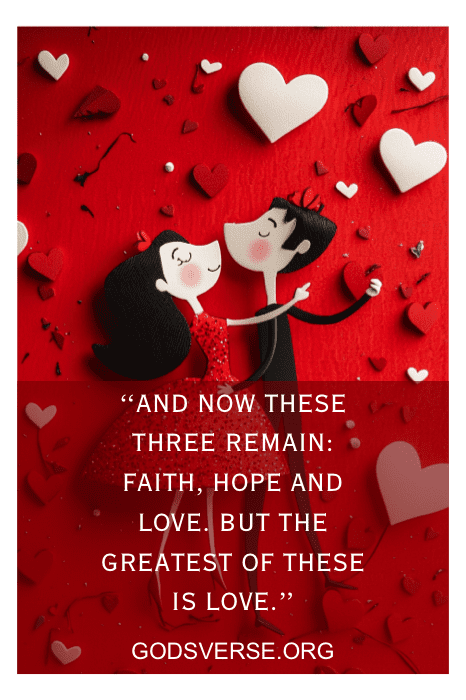 Una pareja se abraza rodeada de corazones, con un texto que dice: "Versos de San Valentín para el marido: Fe, esperanza y amor. Pero el mayor de ellos es el amor.