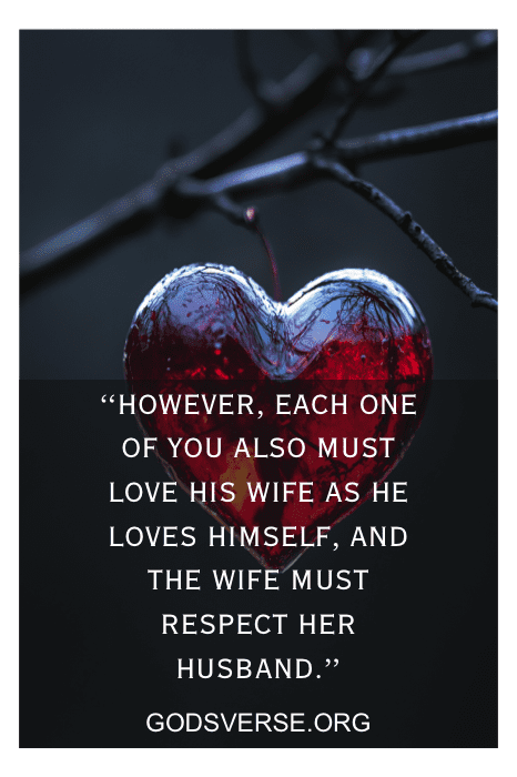 Un corazón de cristal rojo cuelga de una rama con una cita sobre el amor y el respeto en el matrimonio de godsverse.org, perfecta para quienes buscan sinceros versos de San Valentín para el marido.