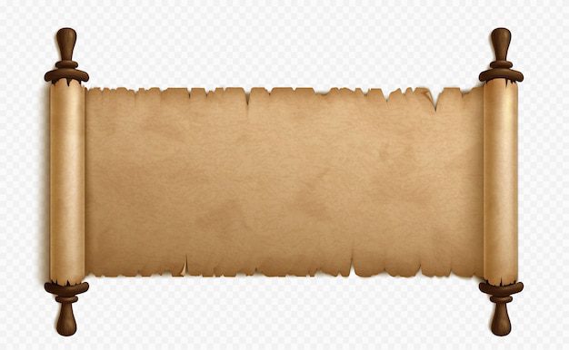 Um pergaminho envelhecido em branco com alças de madeira, desenrolado em ambos os lados, isolado em um plano de fundo transparente, leva à reflexão semelhante a perguntas profundas como "O que a Bíblia diz sobre o casamento após o divórcio?