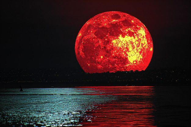 Una gran luna llena roja, como un presagio celestial de la Biblia, se eleva sobre el oscuro paseo marítimo, su reflejo brilla en la superficie del agua en calma.