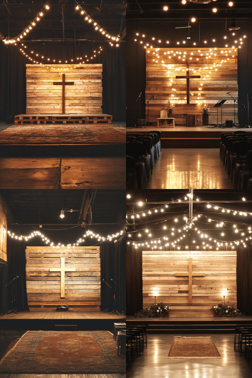 Explore ideas de escenografía para iglesias pequeñas con cuatro escenarios de madera, cada uno de ellos con una hermosa cruz enmarcada por cuerdas de luces, que crean un ambiente cálido y acogedor.