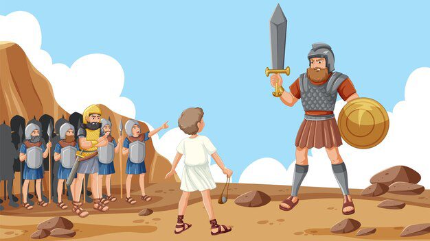 Ilustração de um menino pequeno com uma funda enfrentando um guerreiro gigante armado, lembrando a bravura de Davi. Ao fundo, soldados observam atentamente, sem saber dos feitos lendários do futuro rei e de sua vida complexa posterior, incluindo o número de esposas que Davi teve na Bíblia.