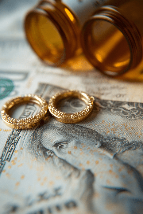 Anéis de ouro e frascos de comprimidos repousam sobre uma nota de 100 dólares, simbolizando o entrelaçamento de riqueza e saúde, assim como os ensinamentos bíblicos sobre o casamento e os desafios da dependência de drogas.
