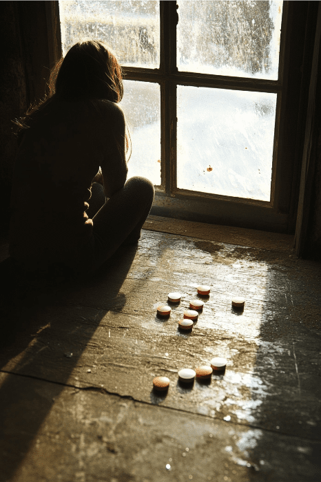 Silhueta de uma garota sentada perto de uma janela, com peças de jogos espalhadas no chão de madeira, refletindo sobre o que a Bíblia diz sobre o casamento.
