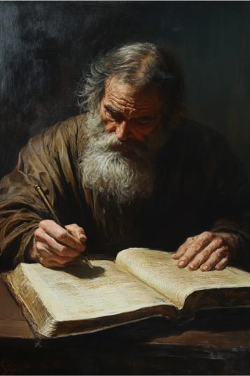 An elderly man, pondering the question of how many men wrote the Bible, sits under dim light. His long beard brushes against a large, open book as he carefully pens his thoughts.