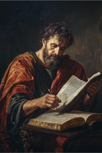 A bearded man in a red robe writes in a book at a desk, with an expression of focus, pondering the question: "How Many Men Wrote the Bible?.